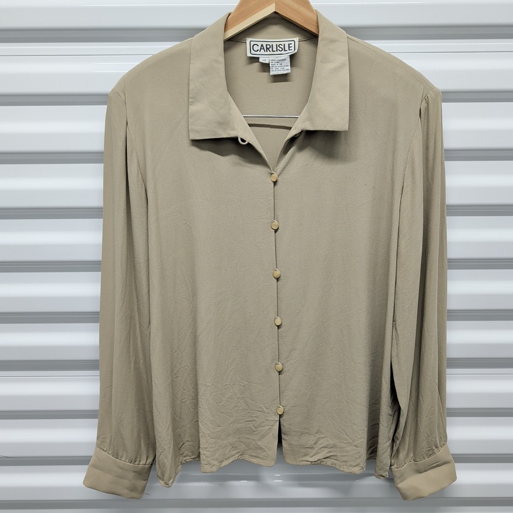 Carlisle Silk Blouse Size 14 Women Tan Beige Long Sleeve Vintage Button Down Top — photo 2